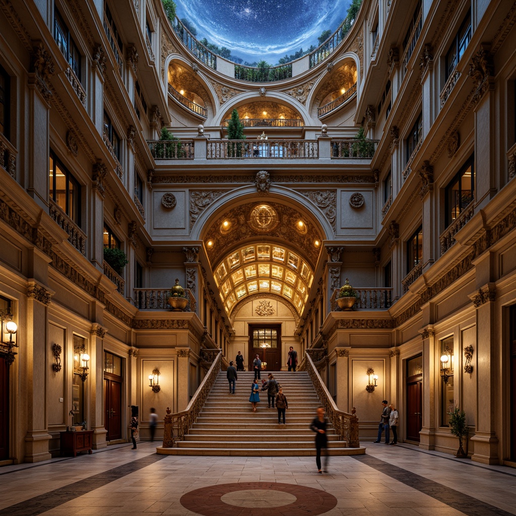 Prompt: Renaissance-inspired planetarium facade, ornate stone carvings, grandiose arches, celestial-themed frescoes, golden dome structures, intricate astronomical patterns, Baroque-style detailing, lavish ornamentation, soft warm lighting, dramatic spotlights, shallow depth of field, 1/1 composition, symmetrical architecture, majestic entranceways, imposing columns, polished marble floors, starry night sky, mystical ambiance, ambient occlusion.