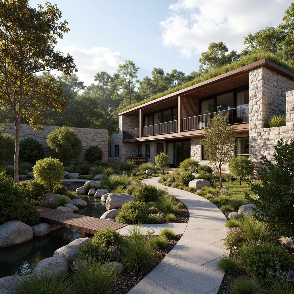 Prompt: Seamless site integration, organic curves, native plant species, meandering walkways, rustic stone walls, wooden bridges, natural water features, earthy tones, minimalist architecture, green roofs, cantilevered structures, floor-to-ceiling windows, sliding glass doors, panoramic views, ambient lighting, soft shadows, 1/1 composition, realistic textures, atmospheric perspective.