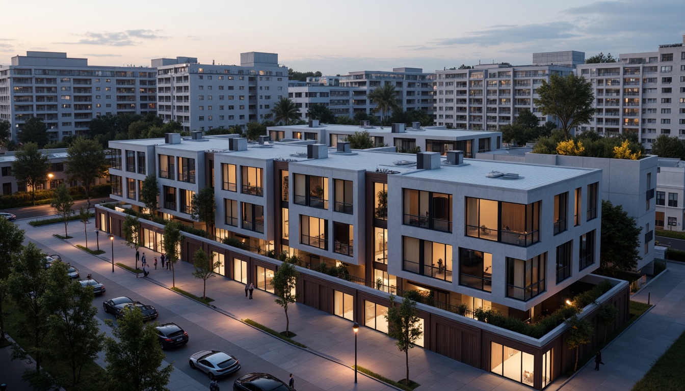 Prompt: Modern dormitory building, clean lines, minimal ornamentation, rectangular forms, flat roofs, large windows, sliding glass doors, industrial materials, exposed concrete walls, metal frames, wooden accents, urban landscape, cityscape views, busy streets, contemporary streetlights, warm evening lighting, shallow depth of field, 1/2 composition, realistic textures, ambient occlusion.