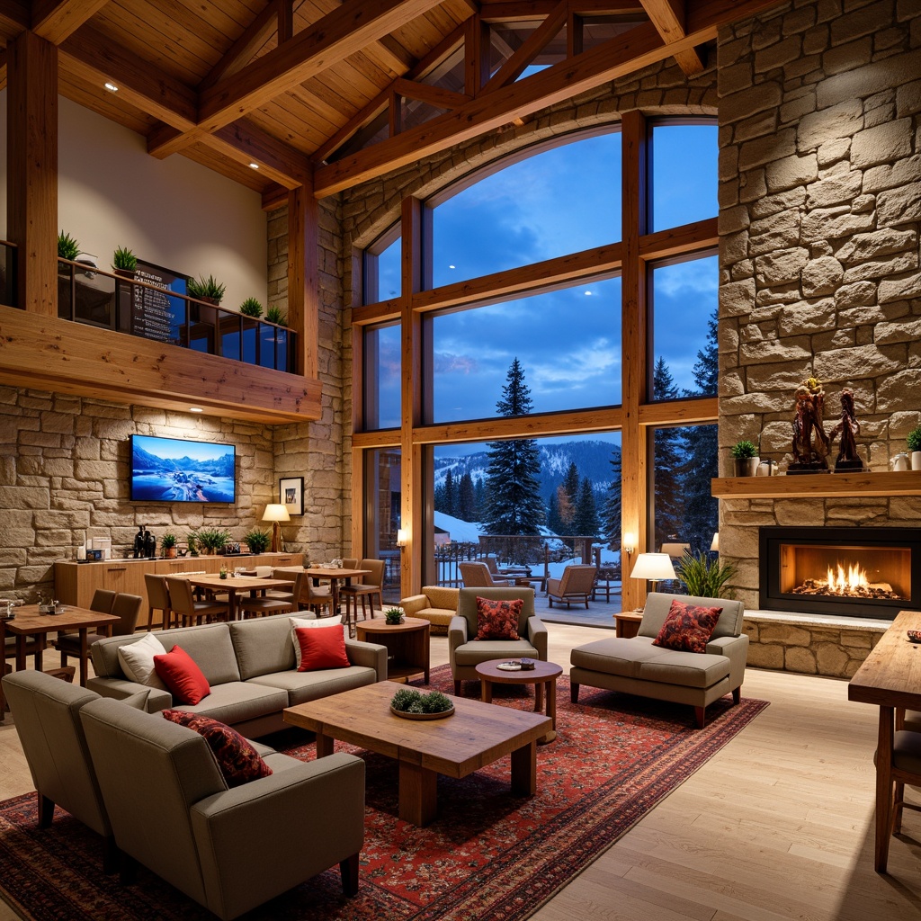 Prompt: Cozy ski lodge atmosphere, wooden accents, stone fireplaces, plush furnishings, warm lighting, rustic decor, snowflake patterns, mountain-inspired color palette, functional layout, open-plan design, communal seating areas, wooden tables, comfortable sofas, vibrant throw pillows, natural textiles, earthy tones, modern amenities, state-of-the-art equipment, interactive displays, digital signage, warm beverage stations, snack bars, ski rental facilities, storage lockers, boot dryers, panoramic mountain views, large windows, sliding glass doors, soft warm lighting, 1/1 composition, realistic textures.