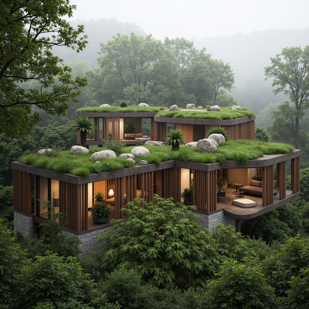 Prompt: Seamless building integration, lush green roofs, living walls, natural stone fa\u00e7ades, reclaimed wood accents, organic shapes, earthy color palette, minimal visual impact, blending with surroundings, serene forest setting, misty atmosphere, soft warm lighting, shallow depth of field, 3/4 composition, panoramic view, realistic textures, ambient occlusion.