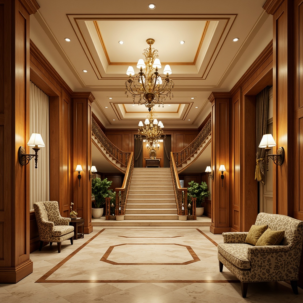 Prompt: Elegant mansion, grand entrance hall, sweeping staircase, ornate chandeliers, rich wood paneling, creamy marble floors, soft warm lighting, lavish furnishings, velvet drapes, intricate moldings, classical columns, symmetrical layout, 3/4 composition, shallow depth of field, realistic textures, ambient occlusion, warm beige colors, golden accents, subtle patterns, luxurious fabrics, refined details.