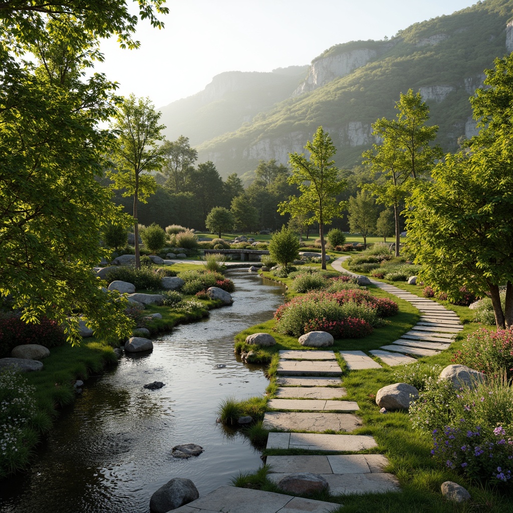 Prompt: Harmonious landscape integration, lush greenery, meandering water features, natural stone walkways, wooden bridges, vibrant flowerbeds, majestic trees, rolling hills, serene atmosphere, soft warm lighting, shallow depth of field, 3/4 composition, panoramic view, realistic textures, ambient occlusion.