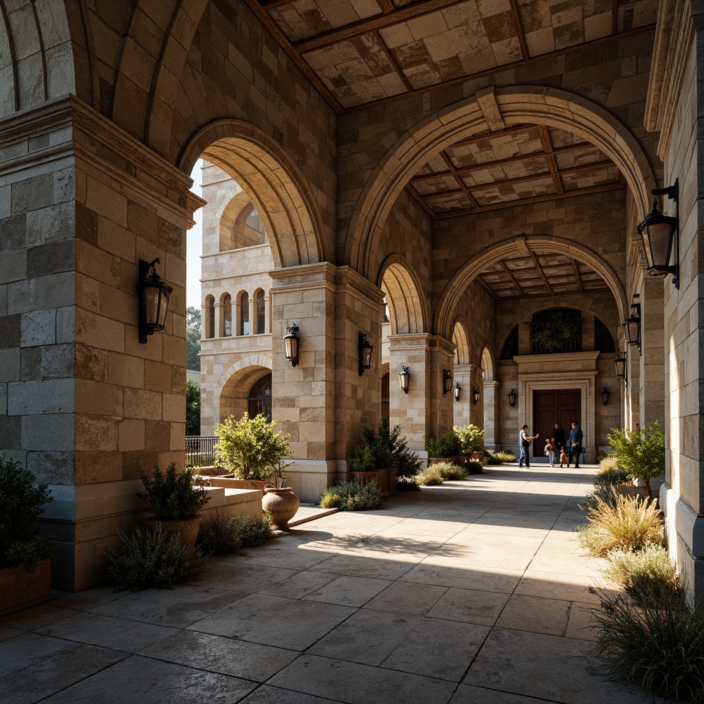 Prompt: Ancient Romanesque architecture, weathered concrete walls, rugged stone textures, ornate carvings, grand archways, rusticated columns, aged copper accents, mystical ambiance, soft warm lighting, shallow depth of field, 1/2 composition, realistic render, ambient occlusion.