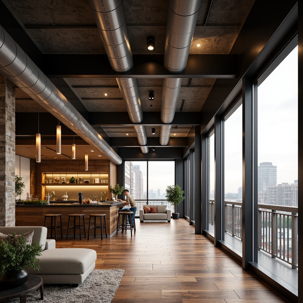 Prompt: Urban loft interior, high ceilings, exposed ductwork, industrial-chic aesthetic, wooden floors, metal beams, minimal ornamentation, floor-to-ceiling windows, sliding glass doors, Juliet balconies, cityscape views, natural stone walls, reclaimed wood accents, pendant lighting fixtures, soft warm glow, shallow depth of field, 1/2 composition, panoramic view, realistic textures, ambient occlusion.