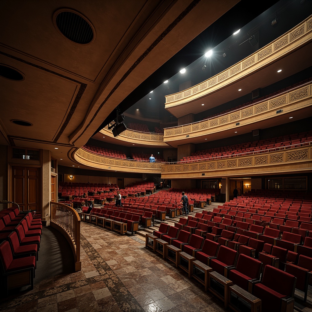 Prompt: Tiered seating, curved rows, audience-centric design, grandstand architecture, monumental staircases, ornate railings, polished marble floors, velvet-covered seats, golden accents, dramatic spotlights, soft warm ambiance, shallow depth of field, 3/4 composition, panoramic view, realistic textures, ambient occlusion.