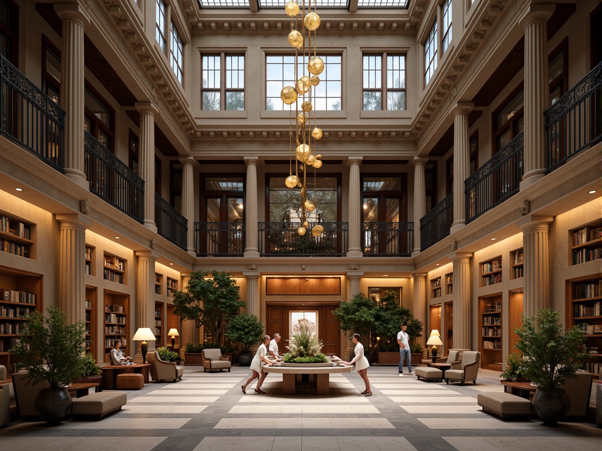 Prompt: Elegant library facade, neoclassical architecture, grand entrance, stone columns, ornate details, large windows, wooden doors, warm lighting, cozy reading nooks, comfortable seating areas, rich wood tones, earthy color palette, natural stone walls, sophisticated interior design, high ceilings, spacious atrium, modern chandeliers, subtle textures, soft focus, shallow depth of field, 1/2 composition, realistic rendering.