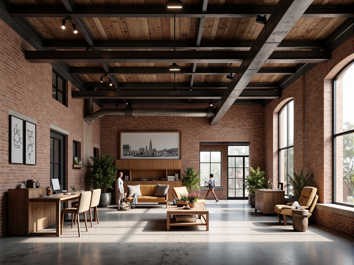 Prompt: Industrial-era factory, exposed brick walls, metal beams, functional pipes, minimalist decor, primary color accents, rectangular shapes, clean lines, bold typography, natural materials, raw concrete floors, reclaimed wood furniture, steel windows, crittall glass doors, industrial-style lighting fixtures, task-oriented layout, open floor plan, functional simplicity, geometric patterns, monochromatic color scheme, high-contrast textures, dramatic shadows, low-key ambient lighting, 1/2 composition, symmetrical framing.