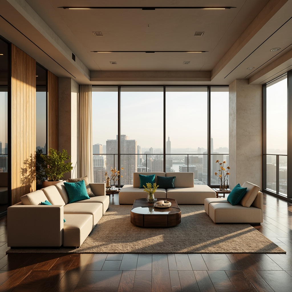 Prompt: Luxurious penthouse interior, sleek modern design, neutral beige walls, rich dark wood accents, metallic gold fixtures, plush cream-colored sofas, vibrant turquoise throw pillows, floor-to-ceiling windows, breathtaking cityscape views, warm golden lighting, 1/1 composition, shallow depth of field, realistic textures, ambient occlusion.