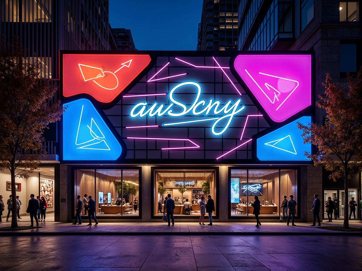 Prompt: Vibrant music venue, futuristic facade, neon lights, metallic surfaces, geometric patterns, asymmetrical composition, bold typography, urban cityscape, night scene, dramatic lighting, shallow depth of field, 1/2 composition, wide-angle lens, high-contrast colors, abstract textures, ambient occlusion, sleek minimalism, industrial materials, exposed ductwork, polished concrete floors, dynamic LED displays, rhythmic patterns, kinetic architecture.