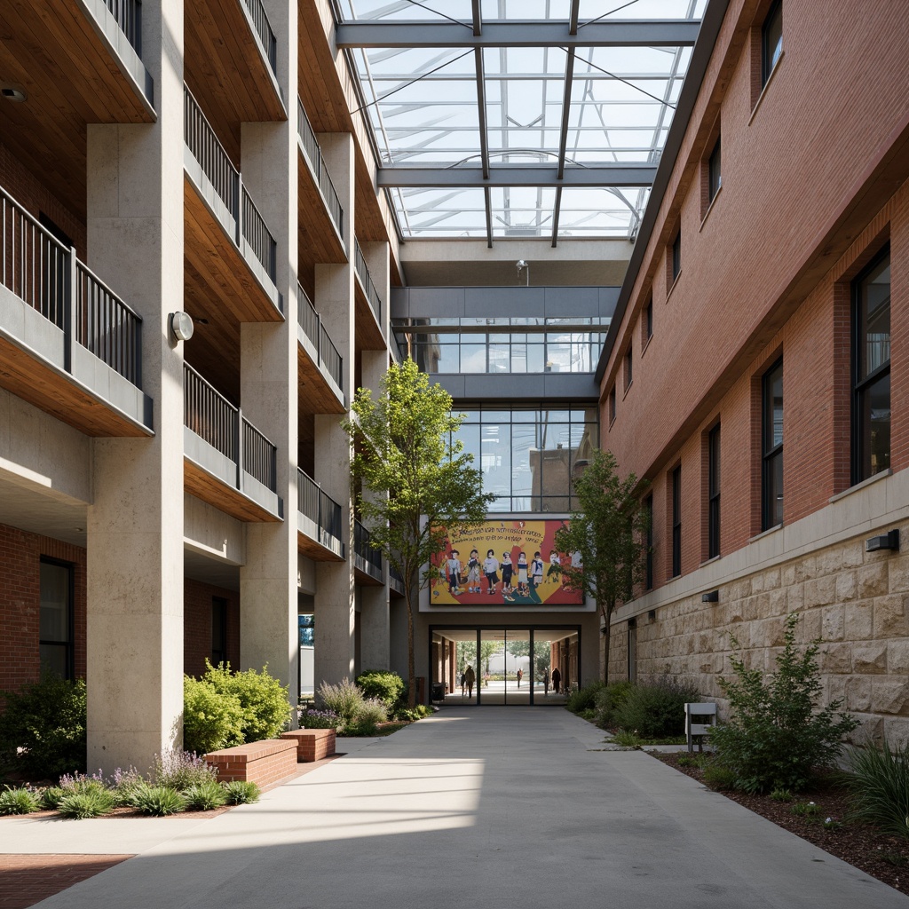 Prompt: Rustic high school, brutalist architecture, raw concrete textures, industrial metal frames, reclaimed wood accents, earthy color palette, natural stone walls, minimalist ornamentation, functional design, open floor plans, abundant natural light, clerestory windows, exposed ductwork, polished concrete floors, metallic staircase railings, durable finishes, low-maintenance materials, eco-friendly roofing systems, energy-efficient glazing, shaded outdoor spaces, courtyard gardens, vibrant student artwork, inspirational quotes, modern educational signage.