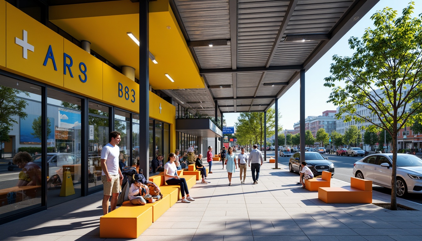 Prompt: Vibrant bus station, dynamic urban architecture, bold yellow accents, bright blue signage, energetic orange seating, modern glass fa\u00e7ade, sleek metal columns, urban concrete floors, futuristic LED lighting, lively pedestrian traffic, bustling city atmosphere, warm sunny day, shallow depth of field, 1/1 composition, realistic reflections, ambient occlusion.