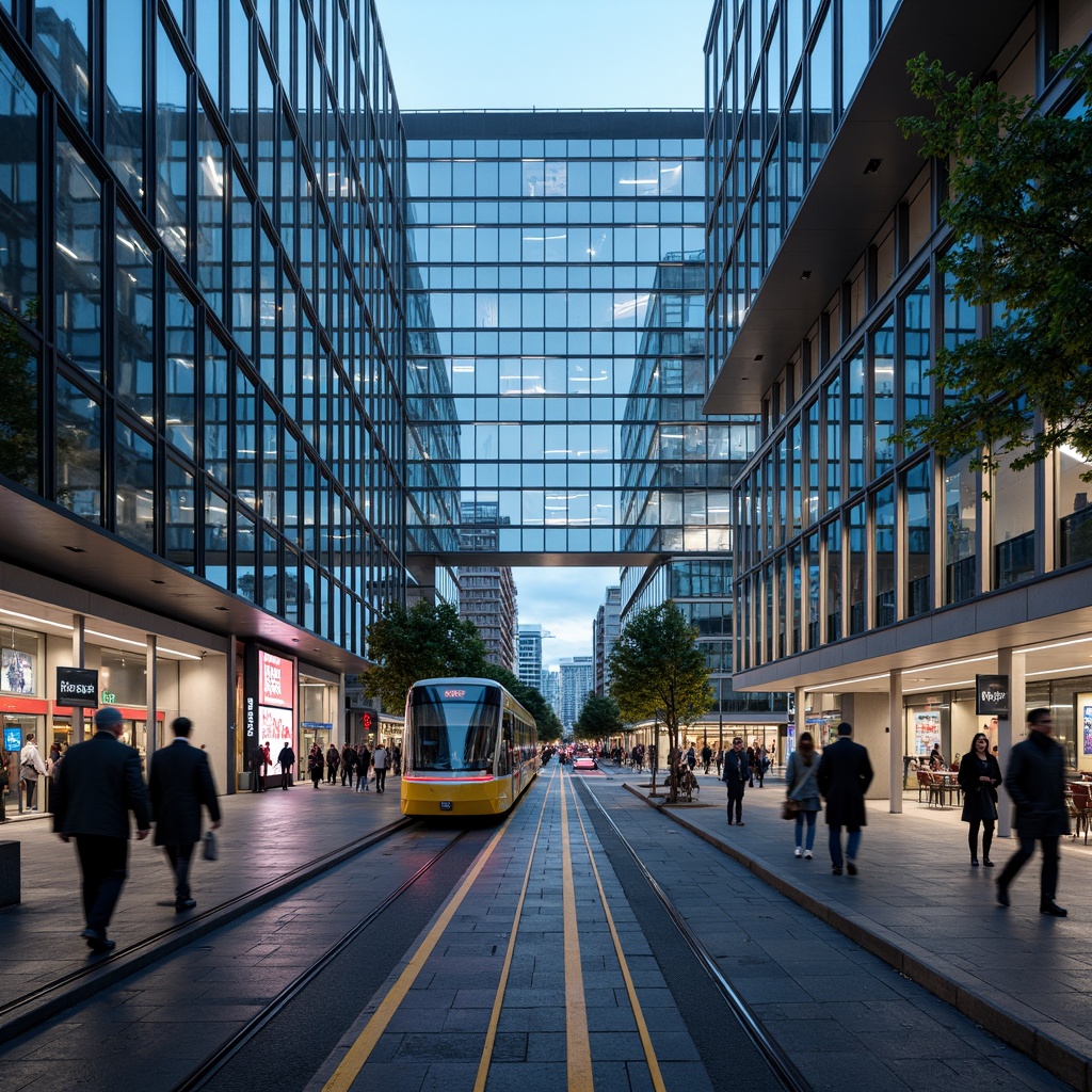 Prompt: Futuristic tram station, sleek metallic facade, dynamic LED lighting, angular glass surfaces, minimalist design, high-tech architecture, urban landscape, busy city streets, modern transportation hub, efficient pedestrian flow, innovative signage systems, digital displays, real-time information boards, safety features, surveillance cameras, ambient occlusion, shallow depth of field, 3/4 composition, panoramic view.