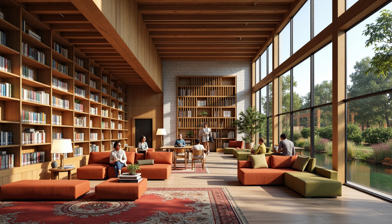 Prompt: Vibrant library interior, rich wood accents, comfortable seating areas, warm floor lamps, cozy reading nooks, colorful bookshelves, playful rug patterns, natural stone walls, modern minimalist architecture, large windows, soft diffused lighting, 1/1 composition, realistic textures, ambient occlusion, calm atmosphere, inviting community spaces.