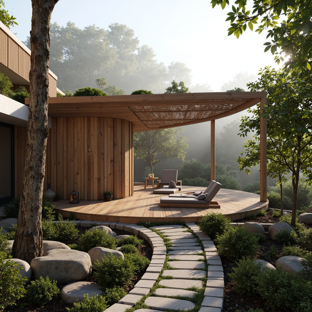 Prompt: Sleek pavilion, minimalistic design, natural materials, reclaimed wood accents, bamboo roofing, greenery walls, living roofs, wooden decking, stone flooring, organic curves, earthy tones, soft diffused lighting, subtle shading, 1/2 composition, intimate atmosphere, serene surroundings, peaceful ambiance, misty morning, warm golden light, ambient occlusion.