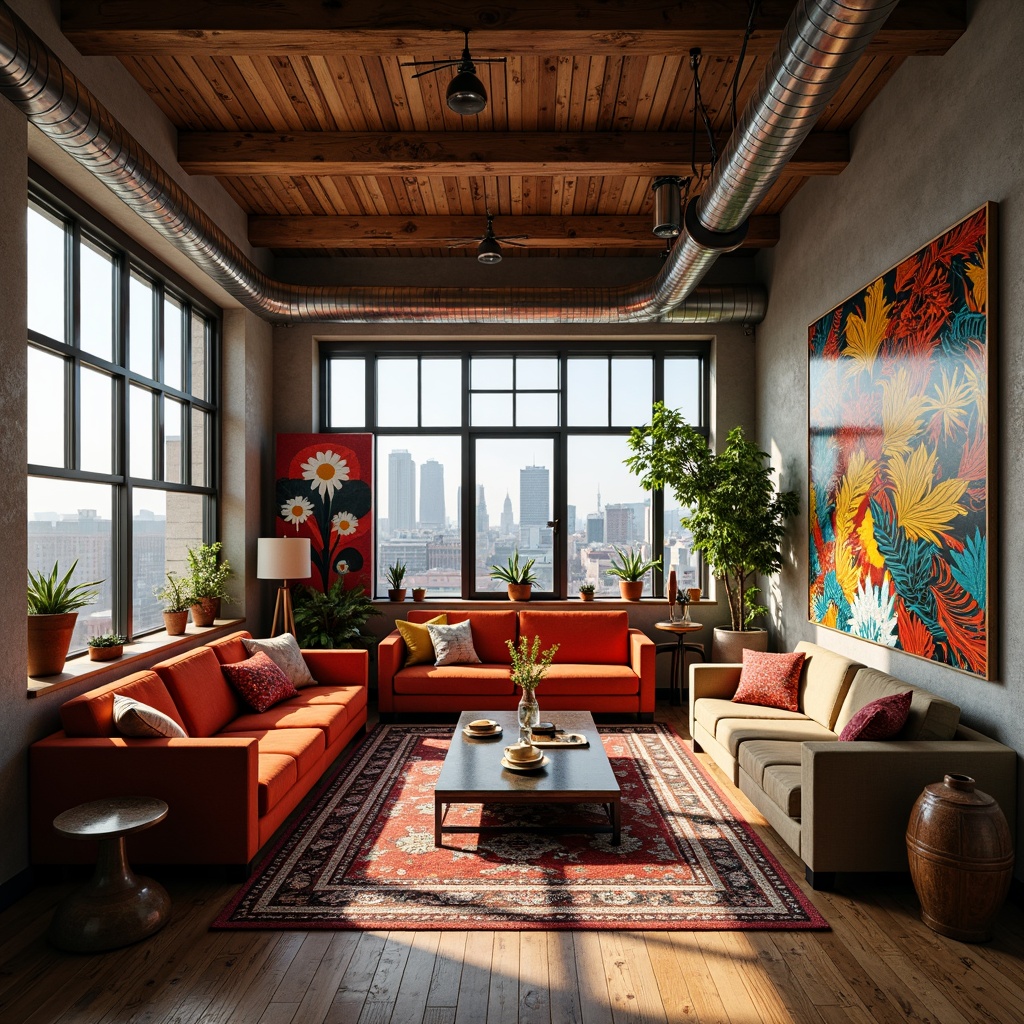 Prompt: Vibrant art studio, eclectic furniture, bold color schemes, abstract artwork, sculptural decorations, irregular shapes, distorted proportions, dynamic lighting effects, warm golden tones, rich textures, distressed wood accents, industrial metal elements, bohemian-inspired rugs, oversized windows, cityscape views, cinematic shadows, dramatic angles, 1/1 composition, high contrast ratios, avant-garde accessories.