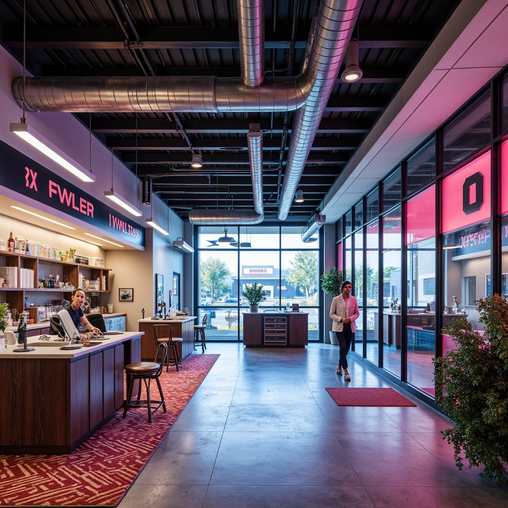 Prompt: Vibrant laboratory interior, exposed ductwork, industrial metal beams, polished concrete floors, sleek glass partitions, reclaimed wood accents, futuristic laboratory equipment, neon-lit signage, bold color schemes, geometric patterned rugs, minimalist furniture, state-of-the-art technology integration, abundant natural light, softbox lighting, high-contrast color palette, 1/1 composition, shallow depth of field, realistic textures, ambient occlusion.