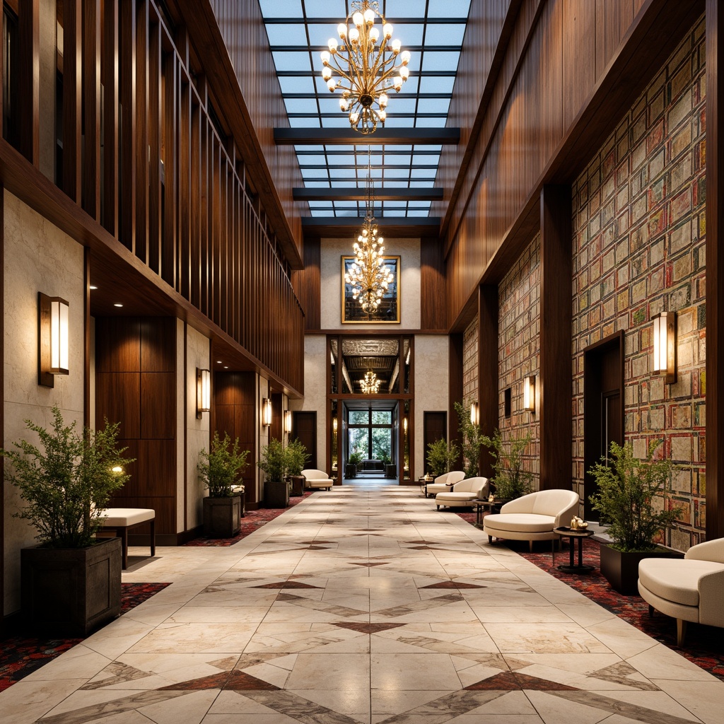 Prompt: Luxurious marble floors, rich wood paneling, sleek metal accents, dramatic glass ceilings, rustic stone walls, vibrant colorful tiles, intricate mosaic patterns, ornate decorative details, lavish furnishings, opulent chandeliers, warm ambient lighting, shallow depth of field, 1/2 composition, realistic textures, ambient occlusion.