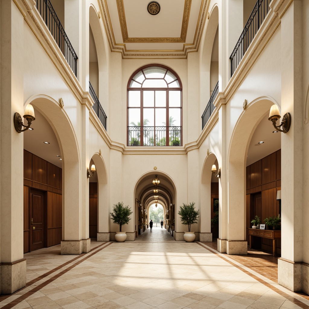 Prompt: Elegant hospital fa\u00e7ade, creamy white marble, soft golden accents, subtle ornate details, symmetrical composition, grand entrance archways, ornamental columns, warm beige stone flooring, rich walnut wood paneling, soft cream-colored walls, elegant chandeliers, classic sconces, warm natural light, shallow depth of field, 1/1 composition, realistic textures, ambient occlusion.