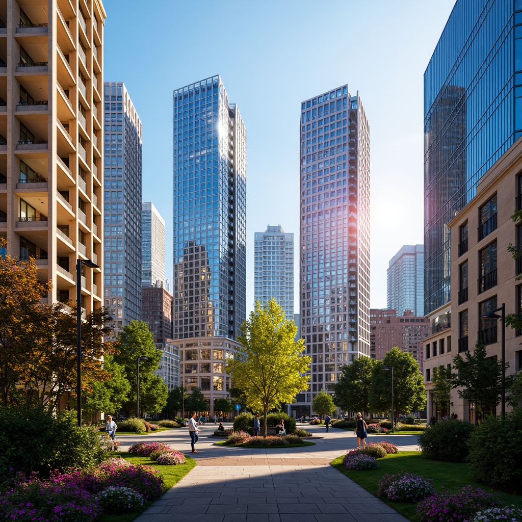 Prompt: Vibrant cityscape, modern skyscrapers, bold color blocking, contrasting hues, harmonious palettes, sleek glass facades, metallic accents, urban parks, lush greenery, blooming flowers, pedestrian walkways, natural stone paving, warm ambient lighting, shallow depth of field, 1/1 composition, realistic textures, ambient occlusion.