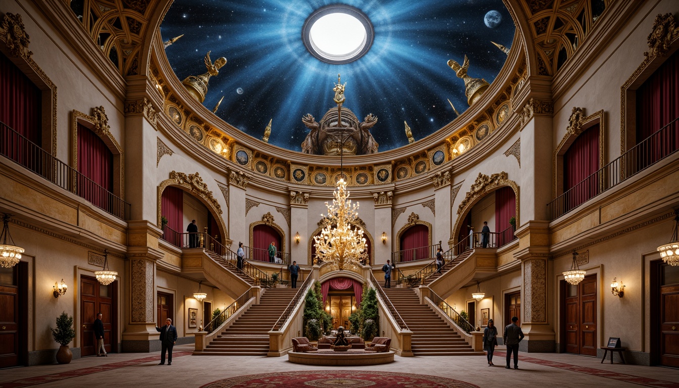 Prompt: Dome-shaped planetarium, Renaissance-style facade, ornate stone carvings, grand entrance archways, intricate fresco paintings, celestial body-inspired sculptures, golden accents, majestic columns, sweeping staircases, lavish chandeliers, rich velvet drapes, starry night sky projections, soft warm lighting, shallow depth of field, 1/1 composition, realistic textures, ambient occlusion, ornate wooden paneling, vintage astronomical instruments, antique telescopes.