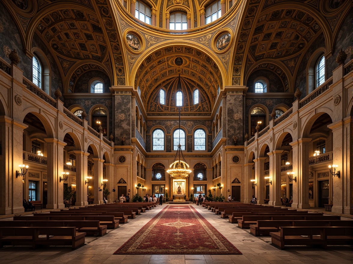 Prompt: Majestic Byzantine church, grand arches, ornate carvings, golden mosaics, intricate stone patterns, vaulted ceilings, marble columns, ornamental capitals, rich textiles, luxurious fabrics, regal atmosphere, soft warm lighting, dramatic shadows, 1/1 composition, symmetrical framing, realistic textures, ambient occlusion.