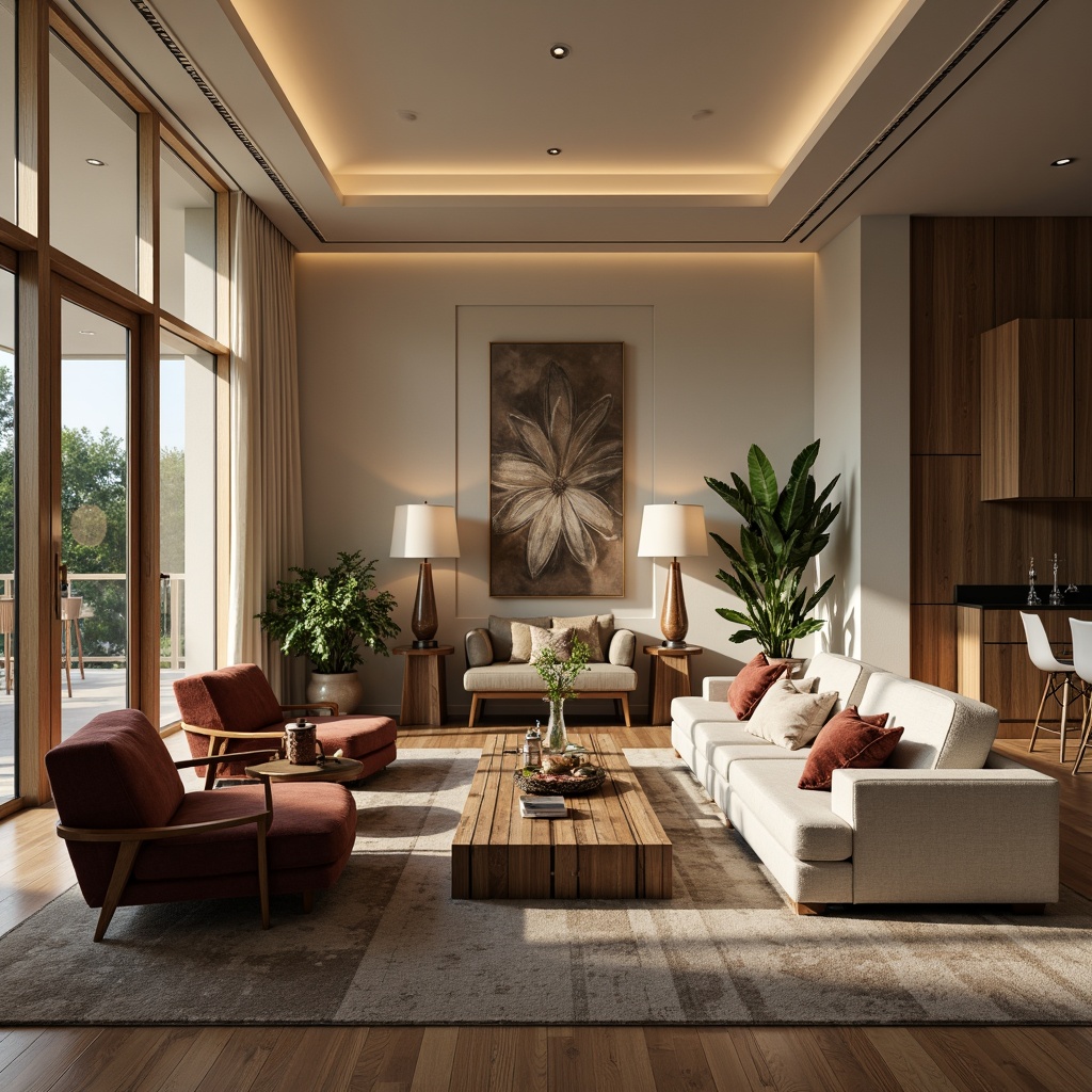 Prompt: Luxurious living room, comfortable seating arrangement, plush sofas, velvet armchairs, wooden coffee tables, stylish lamps, floor-to-ceiling windows, soft natural light, cozy atmosphere, intimate gathering space, modern minimalist design, elegant color scheme, cream-colored walls, dark wood accents, metallic decorations, abstract artwork, 1/1 composition, shallow depth of field, warm and inviting ambiance.