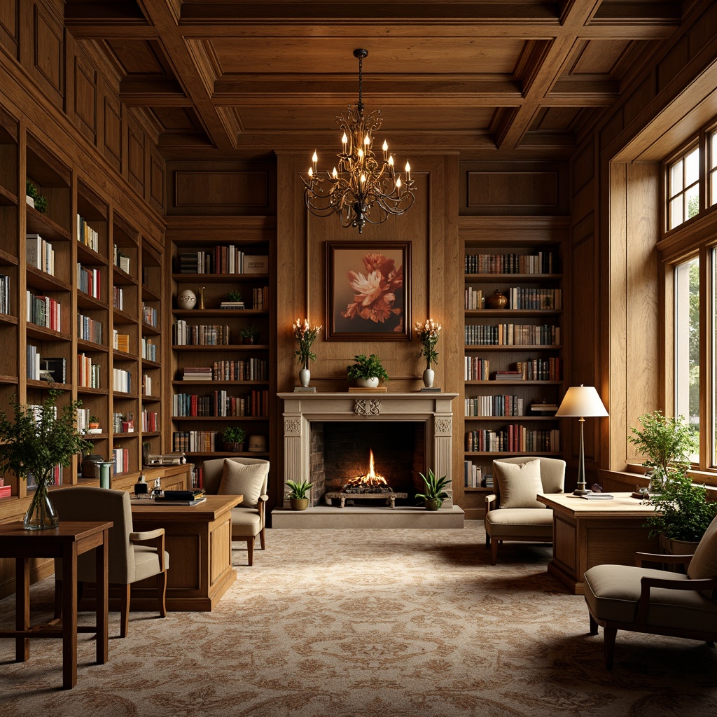 Prompt: Rustic wooden shelves, leather-bound books, warm beige walls, comfortable reading nooks, soft carpeted floors, elegant chandeliers, classic wooden desks, green lamps, cozy study areas, floor-to-ceiling bookcases, natural stone fireplaces, vintage-inspired decorative items, earthy color palette, relaxing ambient lighting, 1/1 composition, shallow depth of field, realistic textures, subtle shadows.