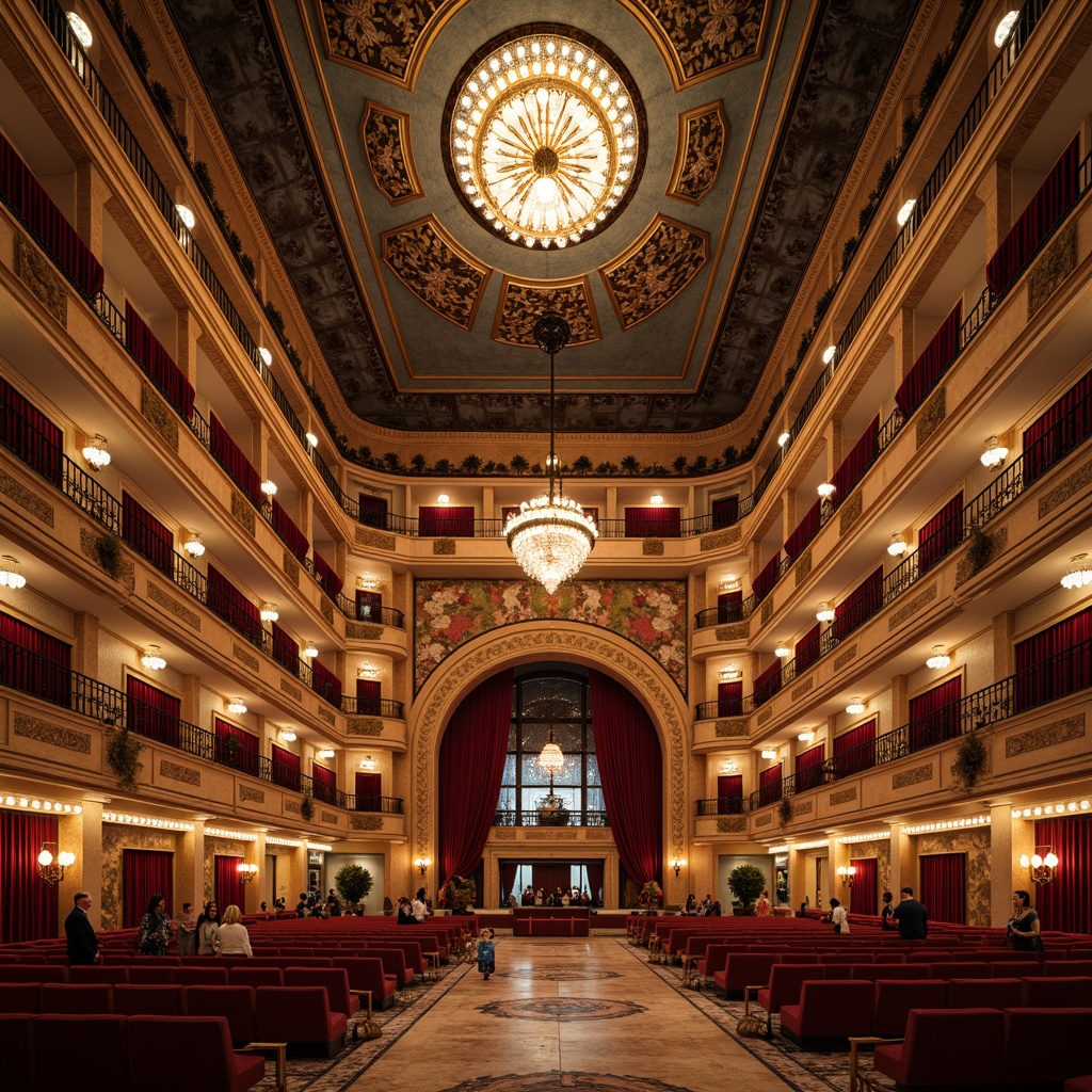 Prompt: Grand opera house, ornate balconies, rich velvet curtains, luxurious chandeliers, opulent marble floors, intricate mosaics, lavish furnishings, spacious high ceilings, grandiose staircases, elegant archways, refined wood paneling, ornamental metalwork, dramatic spotlights, warm golden lighting, shallow depth of field, 1/1 composition, symmetrical framing, realistic reflections, ambient occlusion.Note