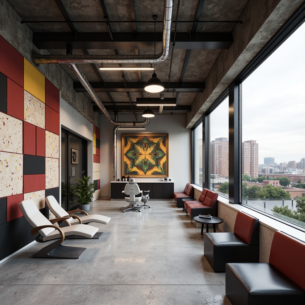 Prompt: Industrial-chic dental clinic, exposed ductwork, metal beams, concrete floors, geometric shapes, bold color accents, minimalist furniture, sleek stainless steel equipment, circular lighting fixtures, urban cityscape views, modern abstract artwork, 3D geometric patterns, distressed wood textures, brutalist architecture, functional minimalism, monochromatic color scheme, high-contrast lighting, shallow depth of field, 2/3 composition, realistic reflections.