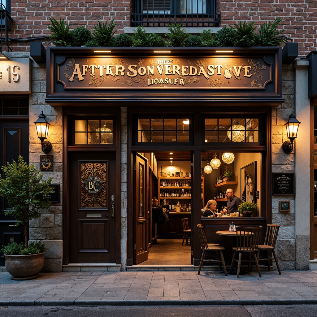 Prompt: Rustic pub exterior, distressed brick walls, ornate metalwork, vintage signage, reclaimed wooden doors, industrial lighting fixtures, rough-hewn stone flooring, eclectic mix of patterns and textures, bold color schemes, abstract murals, ornamental facades, intricate stonework, asymmetrical composition, dramatic shadows, warm cozy ambiance, richly detailed ornaments, nostalgic atmosphere, 1/2 composition, cinematic lighting, high-contrast rendering.