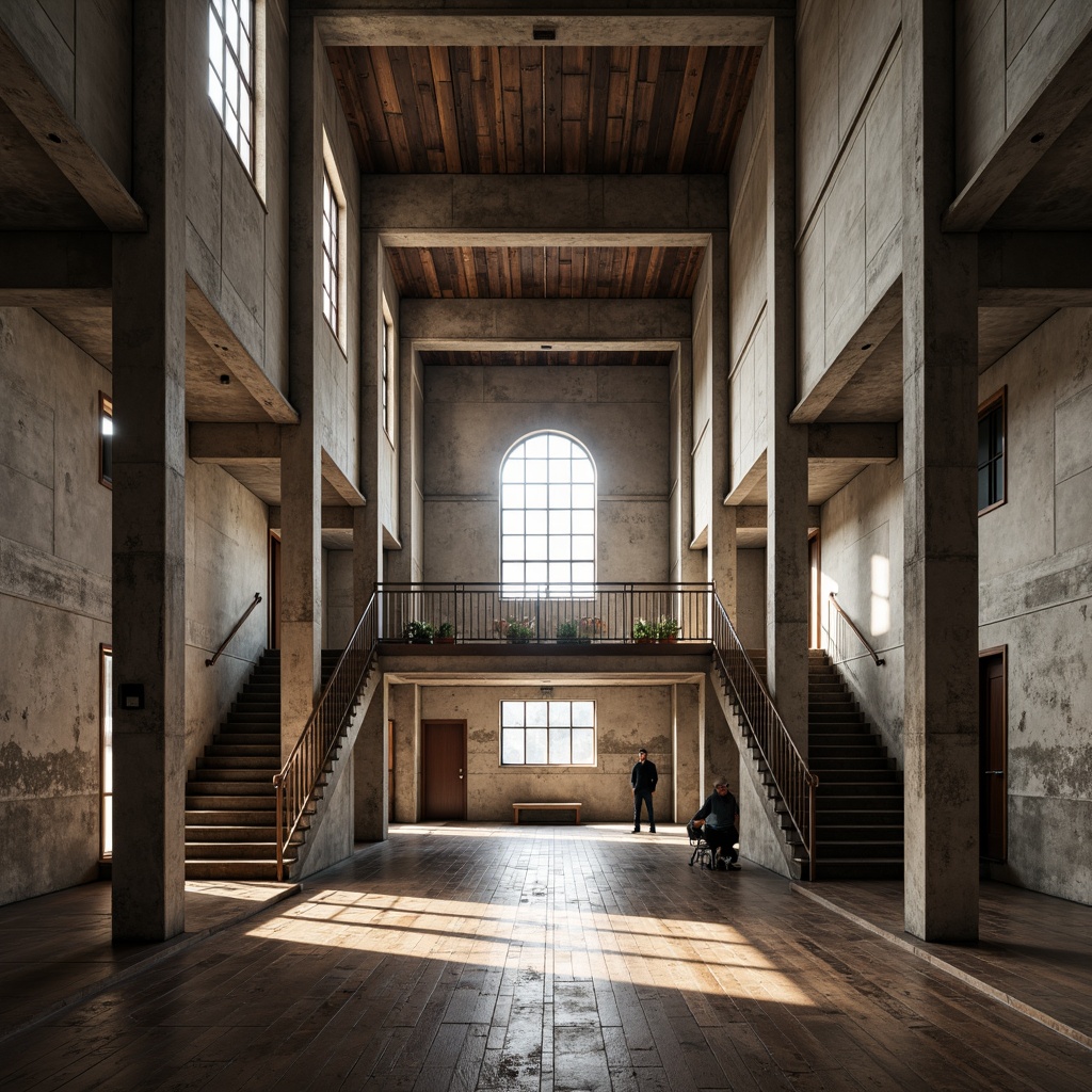 Prompt: Rustic high school building, exposed concrete walls, polished wooden floors, industrial metal beams, minimalist windows, brutalist architecture style, functional staircases, raw concrete columns, weathered steel accents, earthy color palette, natural stone cladding, asymmetrical composition, dramatic lighting, moody atmosphere, 1/2 composition, shallow depth of field, realistic textures, ambient occlusion.