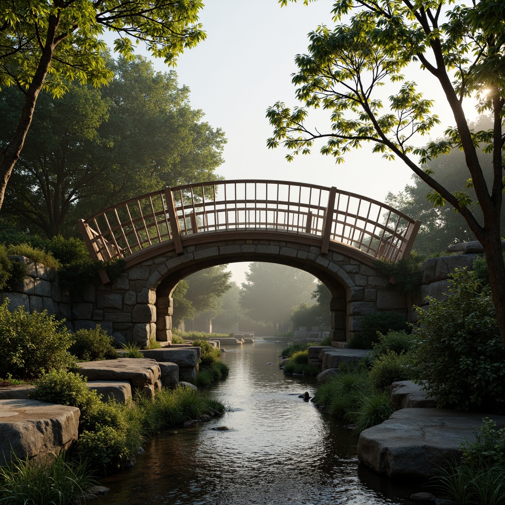 Prompt: Curved bridge silhouette, blending with natural surroundings, organic shapes, harmonious proportions, earthy tones, wooden textures, stone foundations, lush greenery, flowing water, serene atmosphere, warm sunlight, soft mist, shallow depth of field, 1/1 composition, realistic rendering, ambient occlusion, subtle color palette.