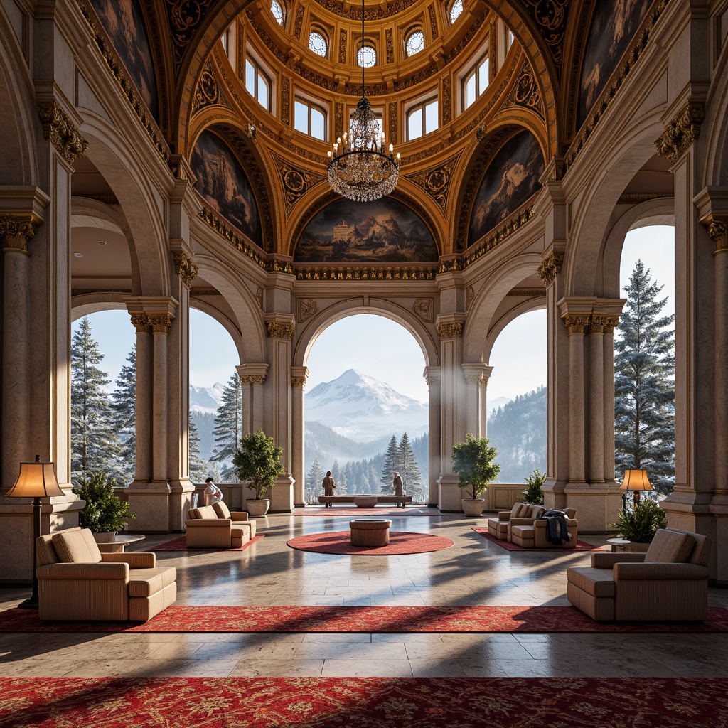 Prompt: Luxurious ski resort, grand Byzantine architecture, ornate golden domes, intricate mosaics, lavish marble floors, opulent chandeliers, regal crimson carpets, majestic stone columns, arched windows, snow-capped mountains, frosty pine trees, misty morning light, soft warm glow, shallow depth of field, 1/2 composition, symmetrical framing, realistic textures, ambient occlusion.