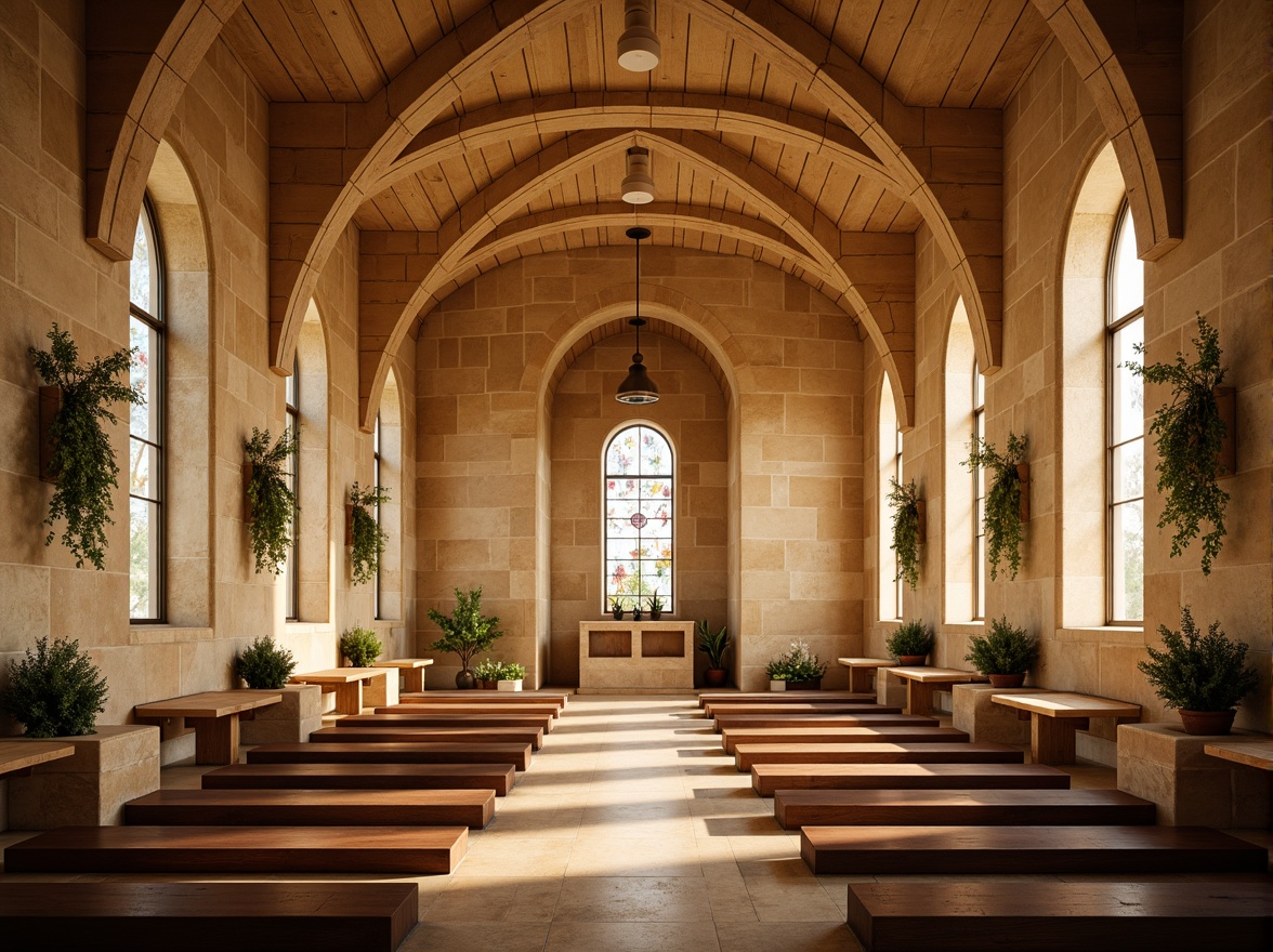 Prompt: Serene ecclesiastical interior, natural stone walls, vaulted ceilings, stained glass windows, warm earthy tones, soft golden lighting, subtle textures, organic curves, minimalist decor, elegant arches, tranquil ambiance, peaceful atmosphere, soft focus, shallow depth of field, 1/1 composition, realistic renderings, ambient occlusion.