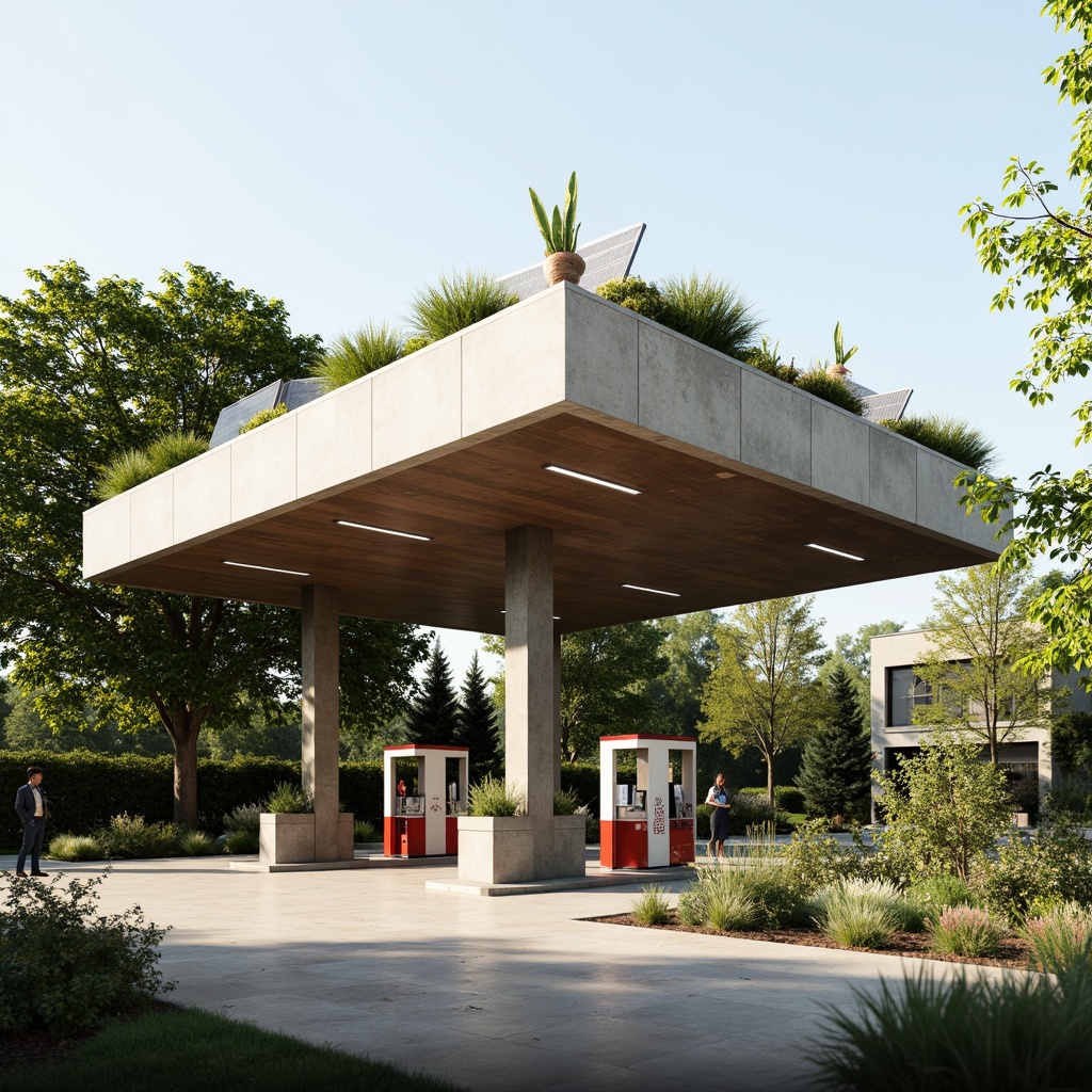 Prompt: Eco-friendly gas station, green roof, solar panels, wind turbines, rainwater harvesting systems, recycled metal structures, low-carbon concrete, FSC-certified wood accents, energy-efficient lighting, living walls, air-purifying plants, natural stone flooring, minimalist design, industrial chic aesthetic, urban landscape, morning sunlight, soft warm lighting, shallow depth of field, 3/4 composition, realistic textures, ambient occlusion.