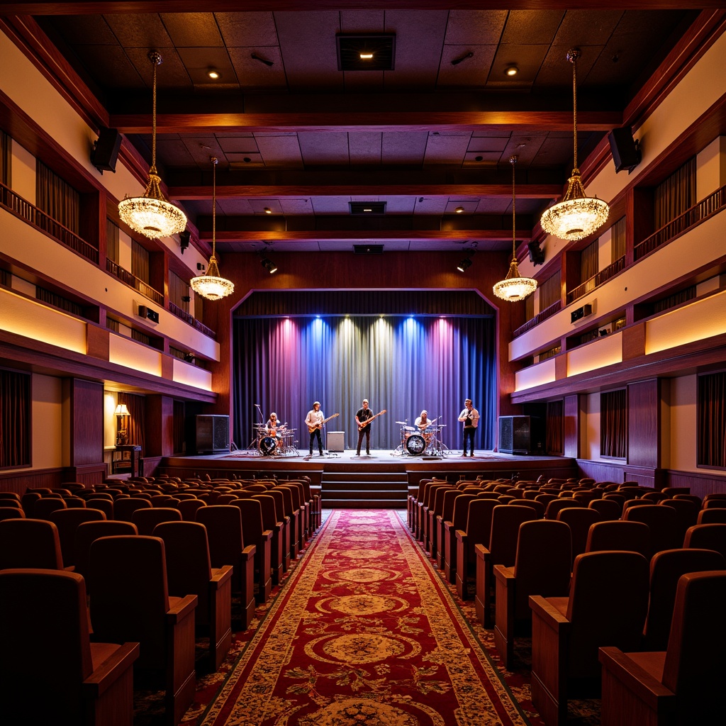 Prompt: Intimate music venue, rich wooden accents, sound-absorbing panels, optimal speaker placement, curved lines, dynamic lighting systems, vibrant color schemes, plush audience seating, raised stage, professional audio equipment, acoustic guitars, drum sets, microphones, echo-free zones, natural reverberation, warm ambiance, low ceiling, side balconies, ornate chandeliers, soft carpeting, luxurious textiles, 3/4 composition, shallow depth of field, realistic textures, ambient occlusion.