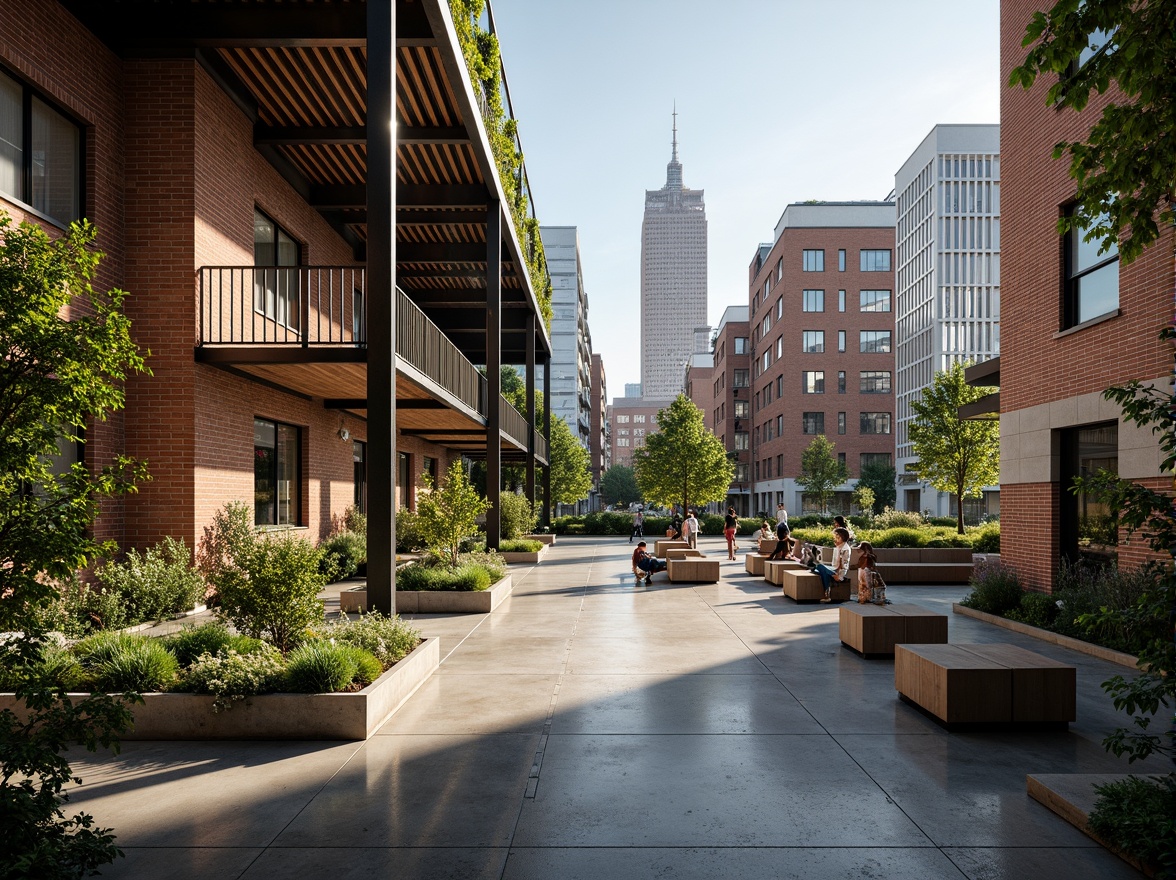 Prompt: Industrial warehouse, exposed brick walls, metal beams, polished concrete floors, urban landscape integration, green roofs, living walls, vertical gardens, ecological balance, sustainable systems, renewable energy harvesting, solar panels, wind turbines, natural ventilation, abundant daylight, soft warm lighting, shallow depth of field, 3/4 composition, panoramic view, realistic textures, ambient occlusion, bustling cityscape, vibrant street art, eclectic mix of old and new buildings.