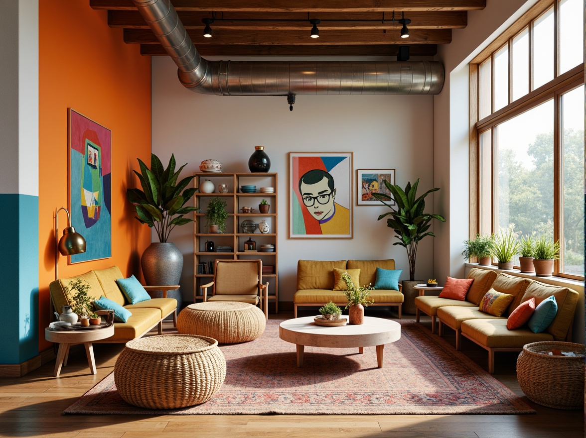 Prompt: Vibrant artistic studio, eclectic furniture, abstract artwork, bold color accents, gradient walls, pastel hues, earthy tones, natural textiles, woven baskets, industrial lighting fixtures, reclaimed wood, modern minimalist decor, cozy reading nooks, soft warm glow, shallow depth of field, 1/1 composition, realistic textures, ambient occlusion.