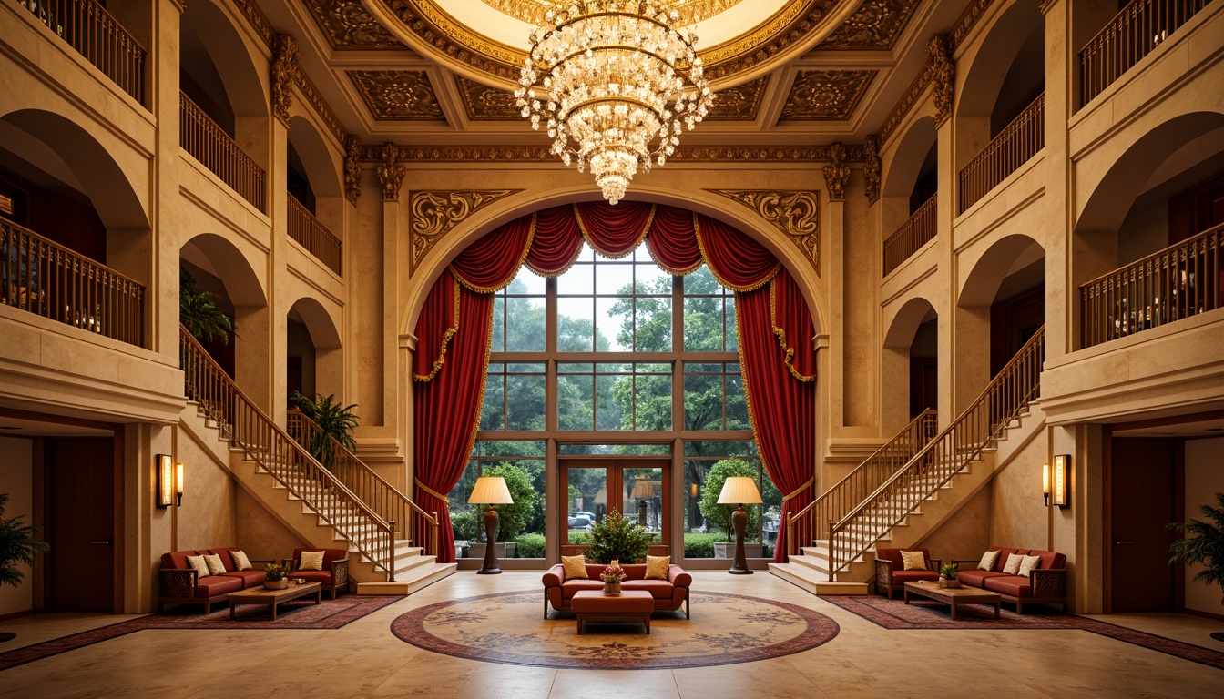 Prompt: Richly ornamented opera house-inspired fa\u00e7ade, warm beige stone walls, grandiose arched windows, ornate balconies, lavish gold accents, soft red velvet curtains, opulent crystal chandeliers, intricate moldings, lavish furnishings, plush carpets, rich wood tones, warm cream-colored marble floors, dramatic staircases, majestic high ceilings, romantic ambient lighting, warm golden hour glow, cinematic composition, symmetrical framing, vibrant color palette with deep blues and emerald greens.