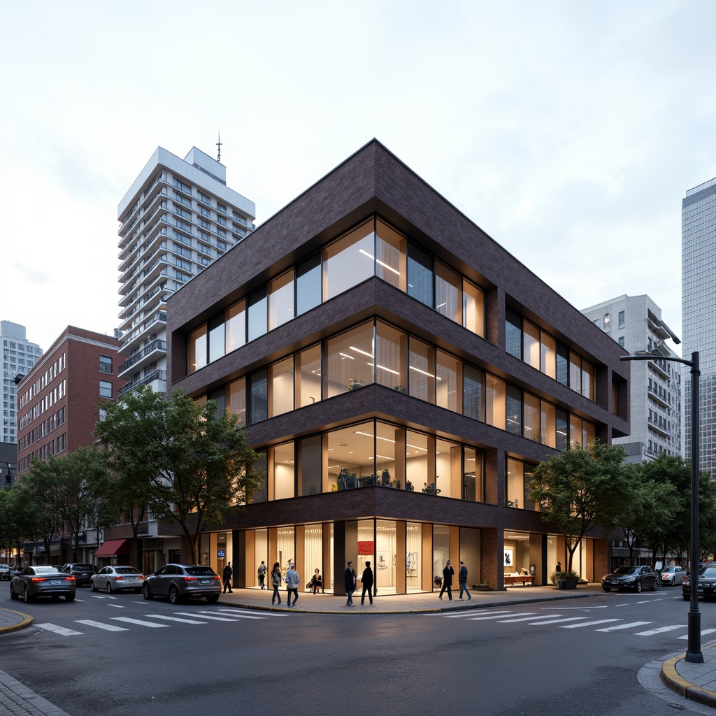 Prompt: Rectangular Bauhaus building, flat roof, asymmetrical facade, industrial materials, exposed brick walls, steel frames, large windows, horizontal lines, minimal ornamentation, functional design, urban setting, busy streets, modern cityscape, warm natural light, soft shadows, 1/1 composition, realistic textures, subtle color palette, geometric shapes, clean lines, abstract patterns, monochromatic scheme, industrial chic atmosphere.