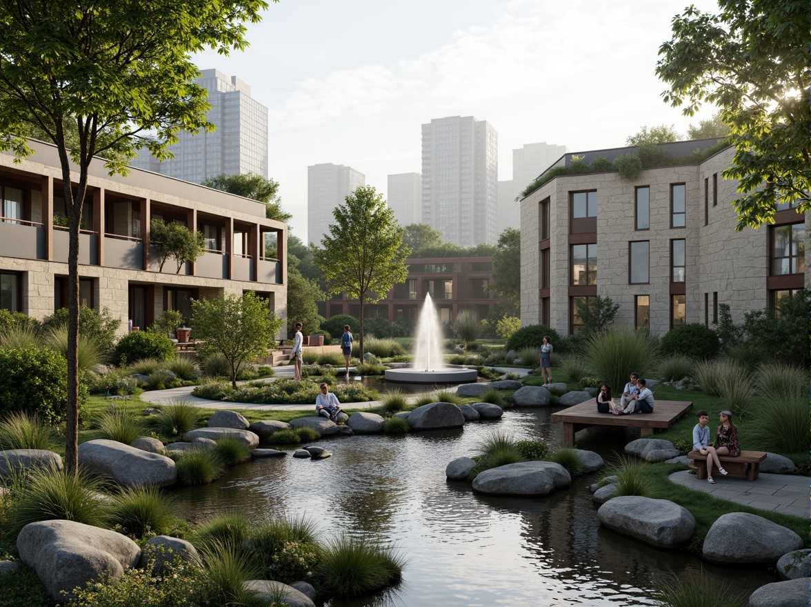 Prompt: Eco-friendly buildings, green roofs, rainwater harvesting systems, natural stone walls, water-efficient appliances, recycling facilities, organic gardens, serene pond, tranquil fountain, flowing stream, lush vegetation, wooden bridges, walking paths, misty morning, soft natural lighting, 1/1 composition, realistic reflections, ambient occlusion.