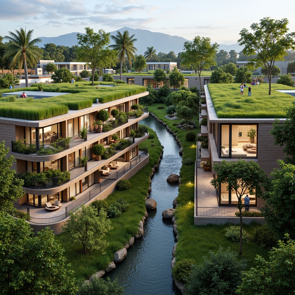 Prompt: Serene green roofs, lush living walls, natural stone fa\u00e7ades, reclaimed wood accents, earthy color palette, organic shapes, curved lines, minimal carbon footprint, eco-friendly materials, solar panels, wind turbines, rainwater harvesting systems, bio-inspired architecture, tropical plants, calming water features, soft diffused lighting, shallow depth of field, 3/4 composition, panoramic view, realistic textures, ambient occlusion.