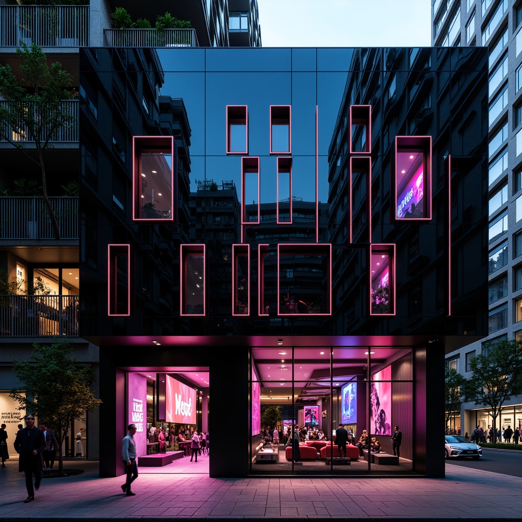 Prompt: Glossy black exterior, neon lights, abstract patterns, asymmetrical shapes, metallic accents, minimalist entrance, geometric balconies, urban cityscape, night scene, dramatic lighting, shallow depth of field, 1/1 composition, cinematic view, high-contrast colors, avant-garde architecture, industrial materials, exposed ductwork, polished concrete floors, modern sound systems, sleek bars, vibrant colored stage lights, dynamic crowd atmosphere, soft focus background, realistic reflections.