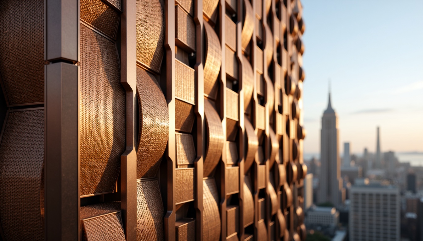 Prompt: Warm bronze cladding, luxurious metallic sheen, intricate patterns, modern fa\u00e7ade design, sleek urban skyscraper, high-rise building, gleaming cityscape, bright sunny day, shallow depth of field, 3/4 composition, realistic textures, ambient occlusion.