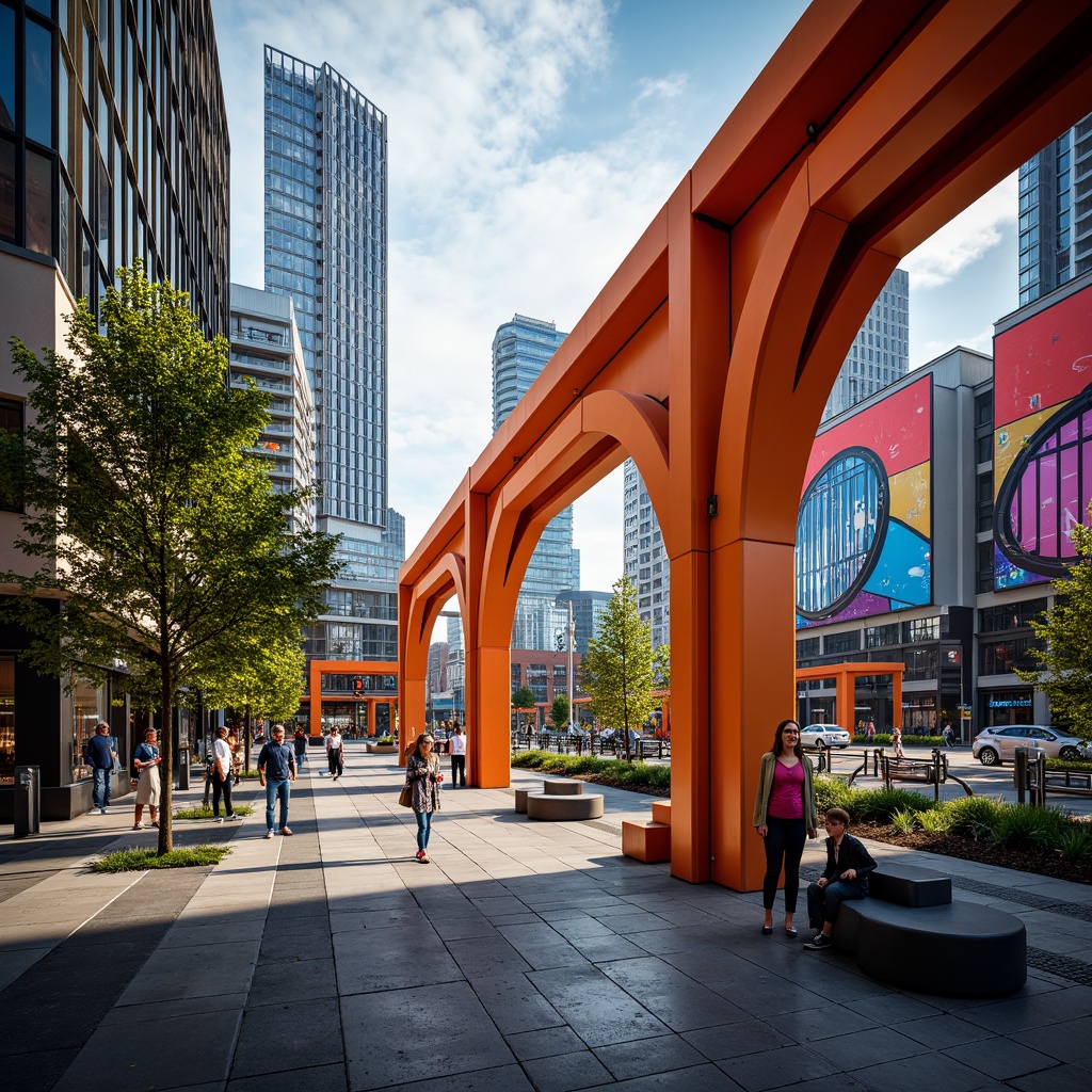 Prompt: Vibrant bus station, expressionist facade design, curved lines, bold shapes, bright colors, abstract patterns, dynamic lighting, futuristic atmosphere, urban landscape, bustling city streets, morning rush hour, warm sunlight, shallow depth of field, 1/2 composition, cinematic view, dramatic shadows, realistic textures, ambient occlusion, steel beams, glass canopies, cantilevered roofs, geometric columns, modernist architecture, public art installations, urban furniture.