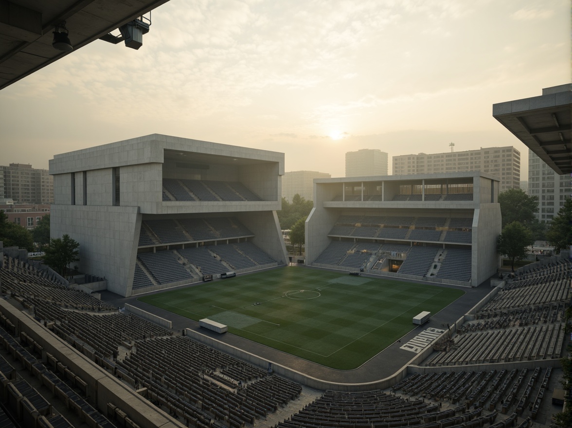 Prompt: Concrete brutalist stadium, rugged exterior fa\u00e7ade, angular lines, fortress-like architecture, monumental scale, imposing grandstands, cantilevered seating areas, raw unfinished textures, industrial materials, exposed ductwork, functional minimalism, dramatic lighting effects, high-contrast shadows, atmospheric fog, low-angle photography, symmetrical composition, bold geometric forms, urban landscape, cityscape backdrop, misty morning atmosphere, warm golden light.