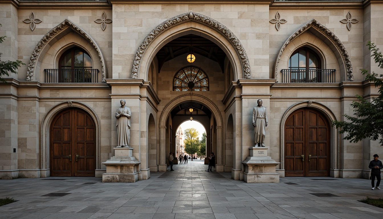 Prompt: Weathered stone facade, ornate arches, grand entranceways, solemn memorial statues, intricate carvings, rusticated bases, ribbed vaults, pointed domes, stained glass windows, heavy wooden doors, bronze hardware, muted earthy tones, ambient soft lighting, warm afternoon sun, shallow depth of field, 1/1 composition, symmetrical framing, realistic textures, subtle atmospheric effects.