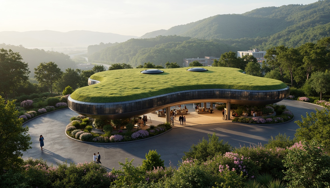 Prompt: Curvaceous blob-shaped gas station, green roof, lush vegetation, blooming flowers, natural stone walls, modern architecture, cantilevered canopies, futuristic design, sleek metal accents, LED lighting, panoramic views, shallow depth of field, 3/4 composition, realistic textures, ambient occlusion, misty morning atmosphere, soft warm lighting, surrounding hills, winding roads, scenic vistas, environmental sustainability, eco-friendly materials.