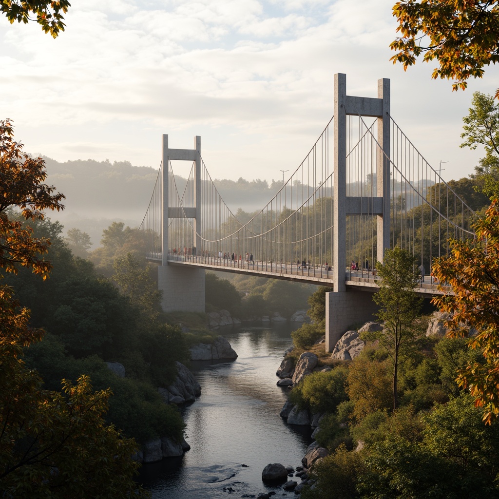 Prompt: Curved bridge silhouette, organic forms, lush greenery, natural stone foundations, wooden decking, cable-stayed design, suspension towers, eco-friendly materials, recycled steel structures, solar panels, wind turbines, kinetic energy harvesting systems, misty morning atmosphere, soft warm lighting, shallow depth of field, 3/4 composition, panoramic view, realistic textures, ambient occlusion, gentle water flow, serene riverbank surroundings, vibrant autumn foliage.